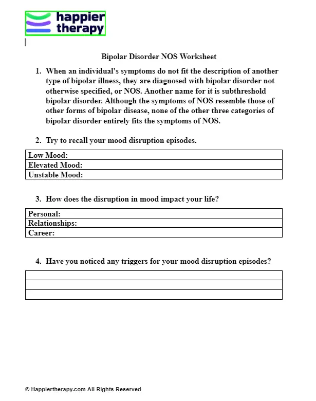 Bipolar Disorder Nos Worksheet Happiertherapy