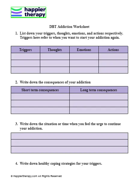 DBT Addiction Worksheet HappierTHERAPY