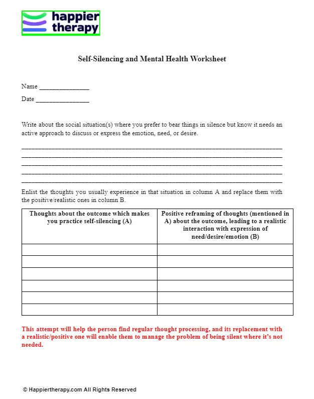 Self Silencing And Mental Health Worksheet Happiertherapy