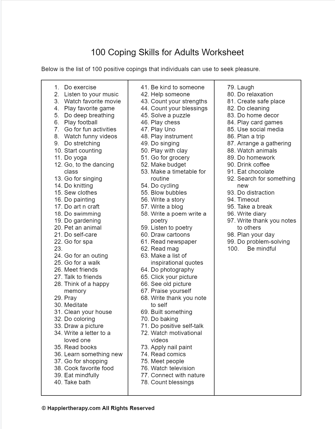 100 Coping Skills For Adults Worksheet HappierTHERAPY