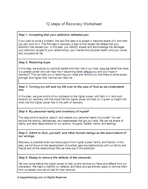 12 Steps Of Recovery Worksheet | HappierTHERAPY