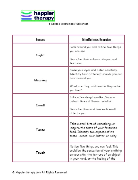 5 Senses Mindfulness Worksheet 