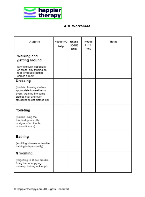 ADL Worksheet HappierTHERAPY ADL Worksheet HappierTHERAPY