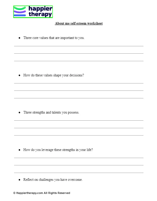 About Me Self Esteem Worksheet | HappierTHERAPY