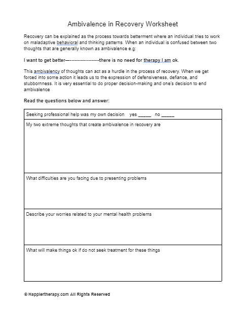 Ambivalence In Recovery Worksheet | HappierTHERAPY