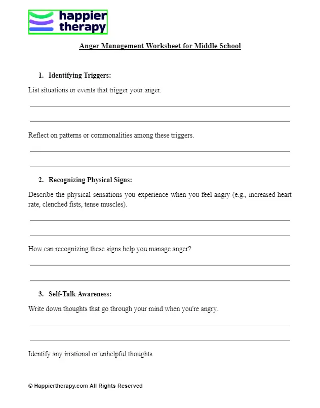 Anger Management Worksheet For Middle School Happiertherapy