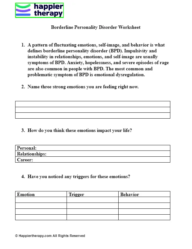 Borderline Personality Disorder Worksheet HappierTHERAPY