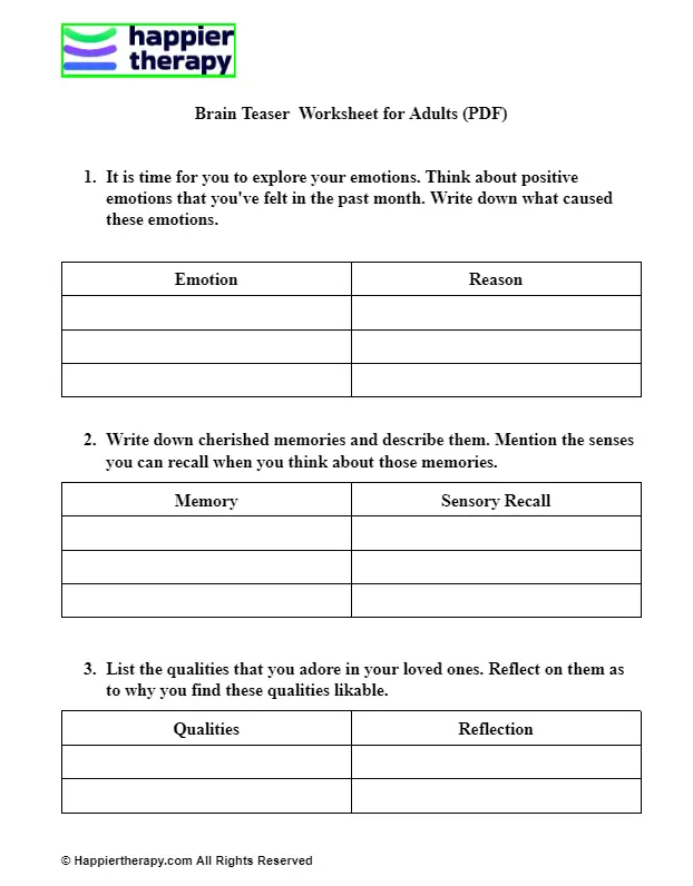 Brain Teaser Worksheet For Adults (PDF) | HappierTHERAPY