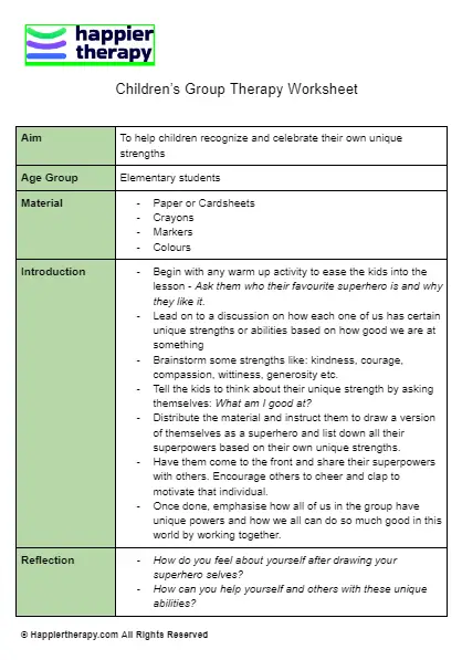 Children’s Group Therapy Worksheet | HappierTHERAPY