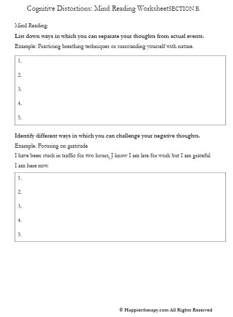 Cognitive Distortions: Mind Reading Worksheet 