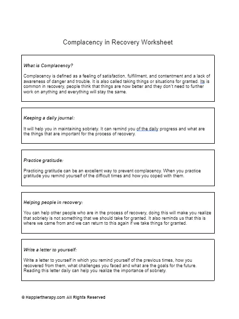 Complacency In Recovery Worksheet | HappierTHERAPY
