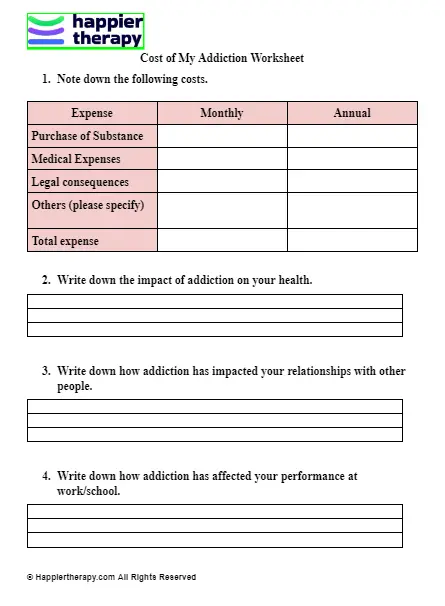 Cost Of My Addiction Worksheet HappierTHERAPY Cost Of My Addiction Worksheet HappierTHERAPY
