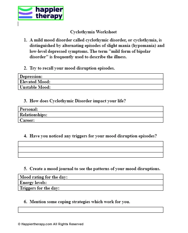 Cyclothymia Worksheet | HappierTHERAPY