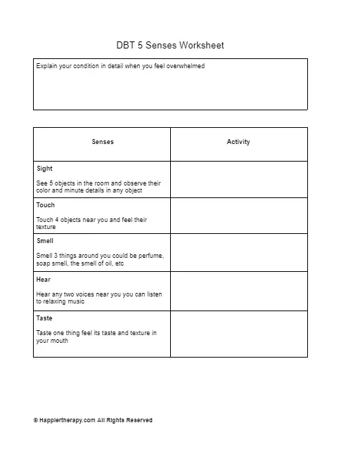 DBT 5 Senses Worksheet | HappierTHERAPY