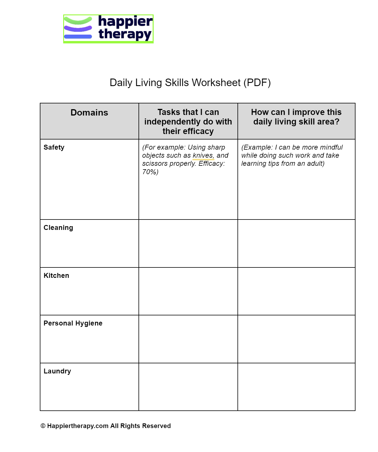 Daily Living Skills Worksheet (PDF) | HappierTHERAPY