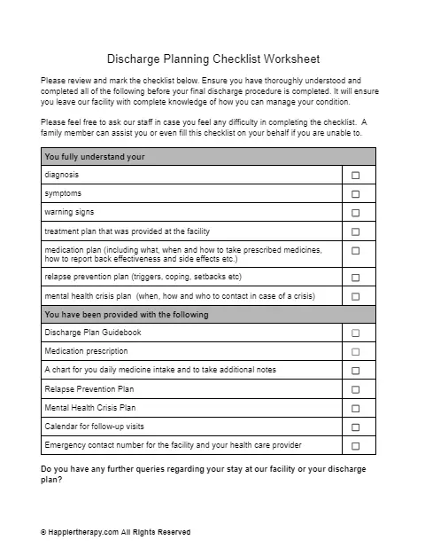 Discharge Planning Checklist Worksheet HappierTHERAPY   Discharge Planning Checklist Worksheet 