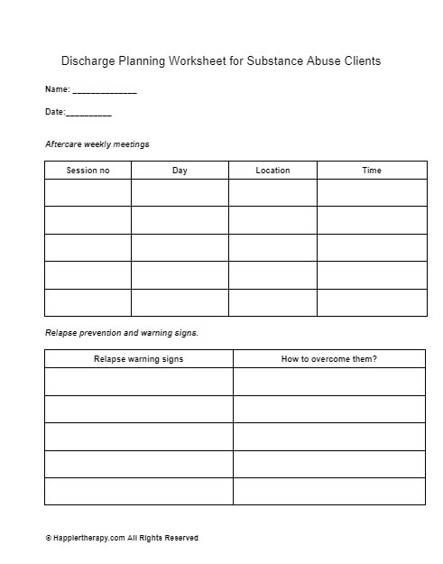 Discharge Planning Worksheet For Substance Abuse Clients | HappierTHERAPY