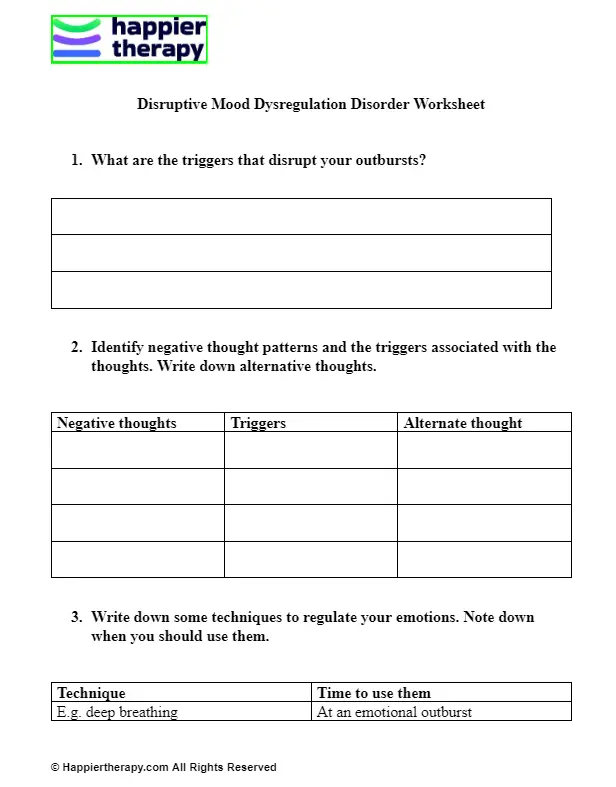 Disruptive Mood Dysregulation Disorder Worksheet Happiertherapy