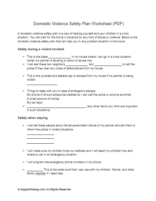 Domestic Violence Safety Plan Worksheet HappierTHERAPY
