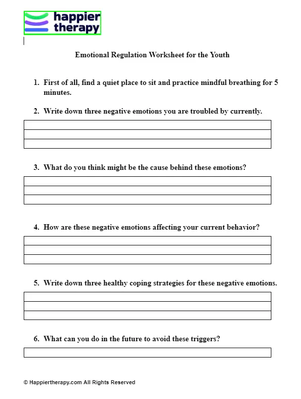 Emotional Regulation Worksheet For The Youth | HappierTHERAPY