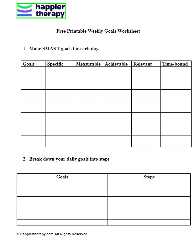 Free Printable Weekly Goals Worksheet | HappierTHERAPY