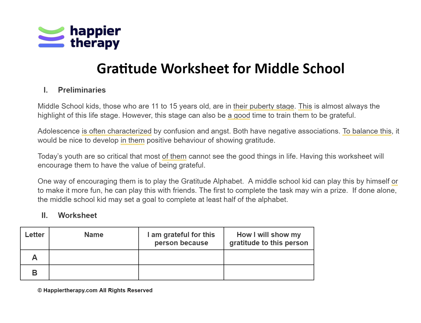 gratitude assignment for middle school