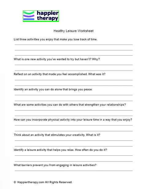 Healthy Leisure Worksheet | HappierTHERAPY