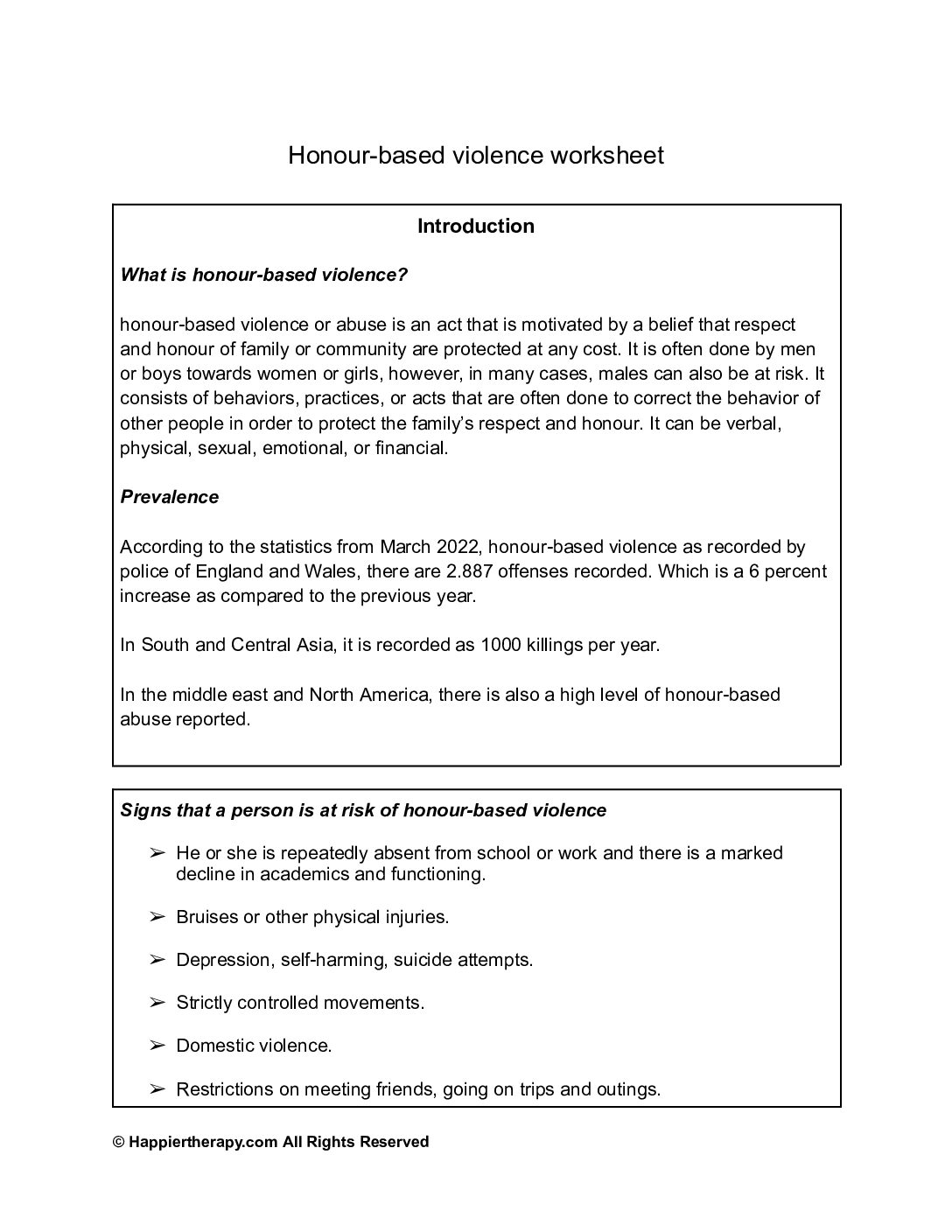 Honour Based Violence Worksheet | HappierTHERAPY