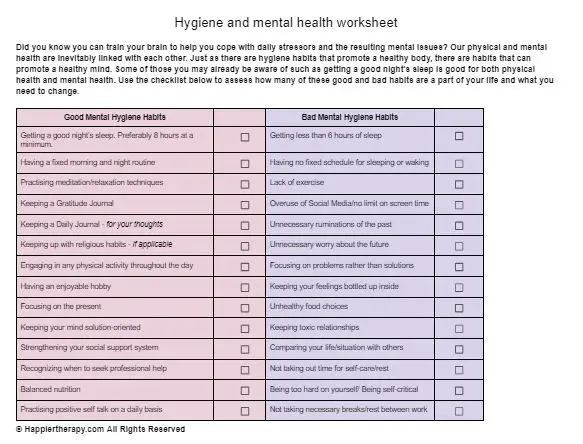 Hygiene And Mental Health Worksheet HappierTHERAPY   Hygiene And Mental Health Worksheet 