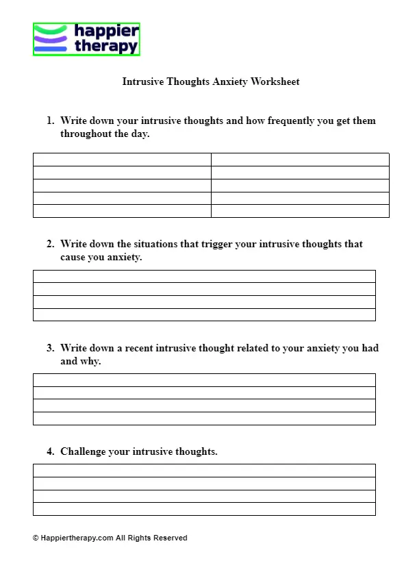 Intrusive Thoughts Anxiety Worksheet | HappierTHERAPY