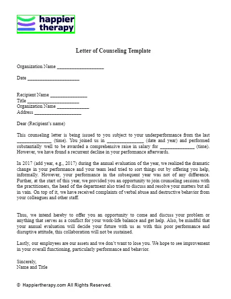 Letter Of Counseling Template Happiertherapy 5709