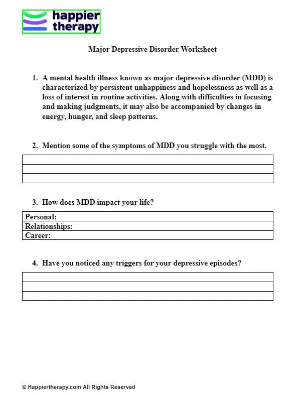 Major Depressive Disorder Worksheet HappierTHERAPY