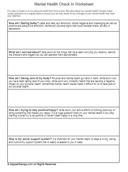 Mental Health Check In Worksheet | HappierTHERAPY