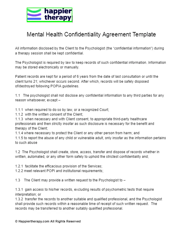 Mental Health Confidentiality Agreement Template HappierTHERAPY
