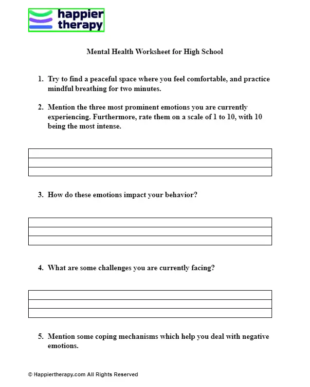 Mental Health Worksheet For High School | HappierTHERAPY