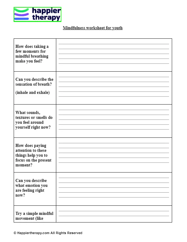 Mindfulness Worksheet For Youth | HappierTHERAPY