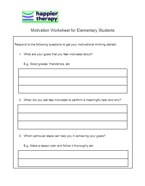 Motivation Worksheet For Elementary Students | HappierTHERAPY