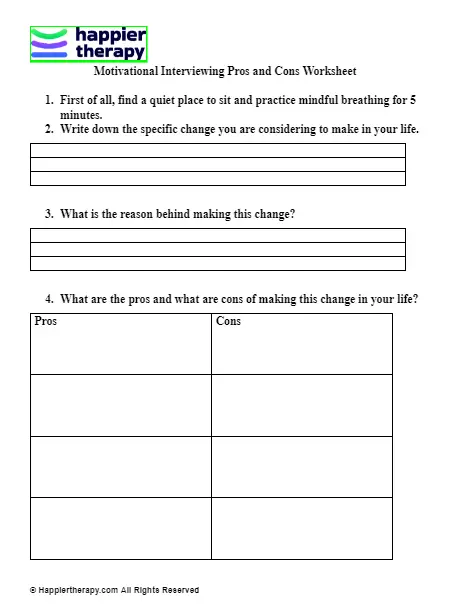 Motivational Interviewing Pros And Cons Worksheet | HappierTHERAPY