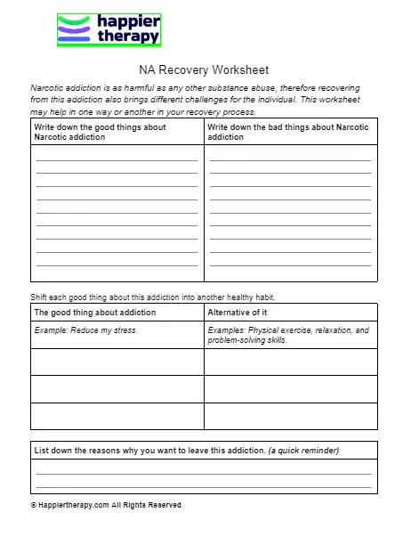 Narcotic Addiction Recovery Worksheet HappierTHERAPY Narcotic Addiction Recovery Worksheet HappierTHERAPY