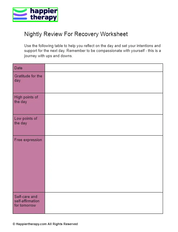 Nightly Review For Recovery Worksheet | HappierTHERAPY