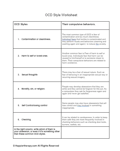 OCD Style Worksheet | HappierTHERAPY