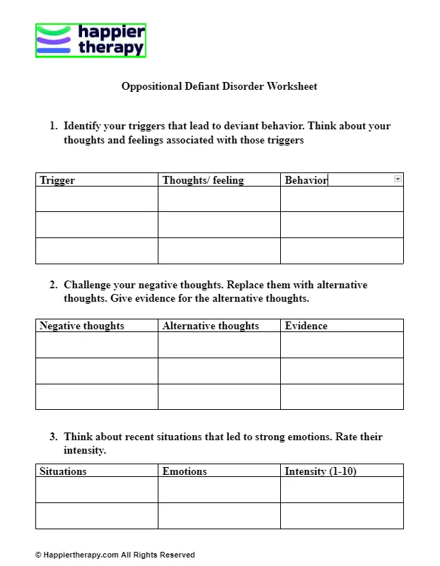 Oppositional Defiant Disorder Worksheet HappierTHERAPY