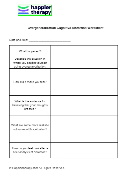 Overgeneralization Cognitive Distortion Worksheet Happiertherapy