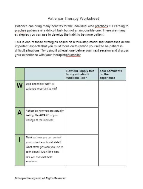 Patience Therapy Worksheet | HappierTHERAPY