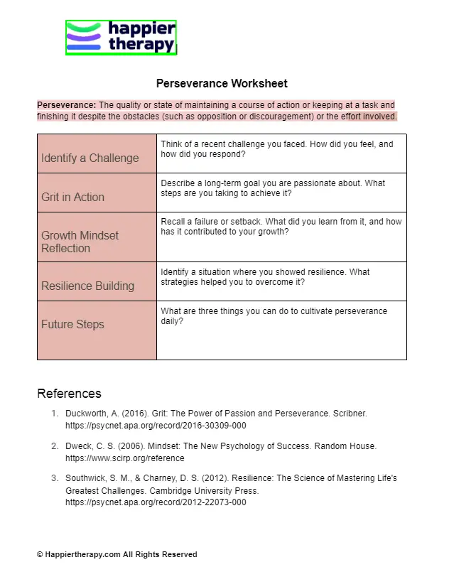 Perseverance Worksheet | HappierTHERAPY