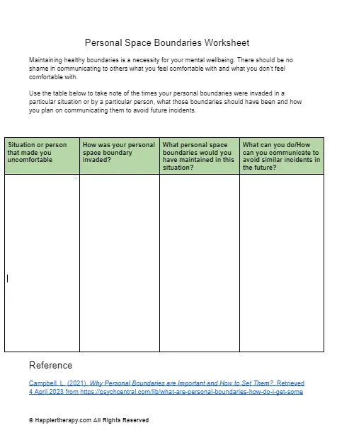 Personal Space Boundaries Worksheet | HappierTHERAPY