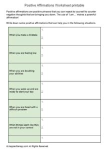 Positive Affirmations Worksheet printable - HappierTHERAPY