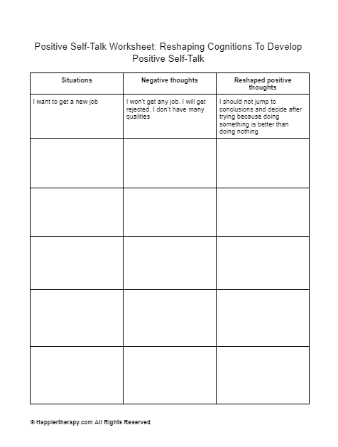 Positive Self-Talk Worksheet: Reshaping Cognitions To Develop Positive ...