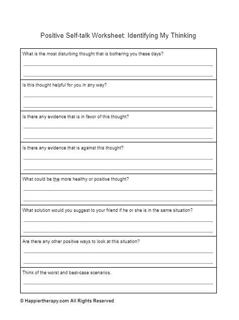 Positive Self-talk Worksheet: Identifying My Thinking | HappierTHERAPY
