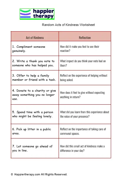 Random Acts Of Kindness Worksheet | HappierTHERAPY